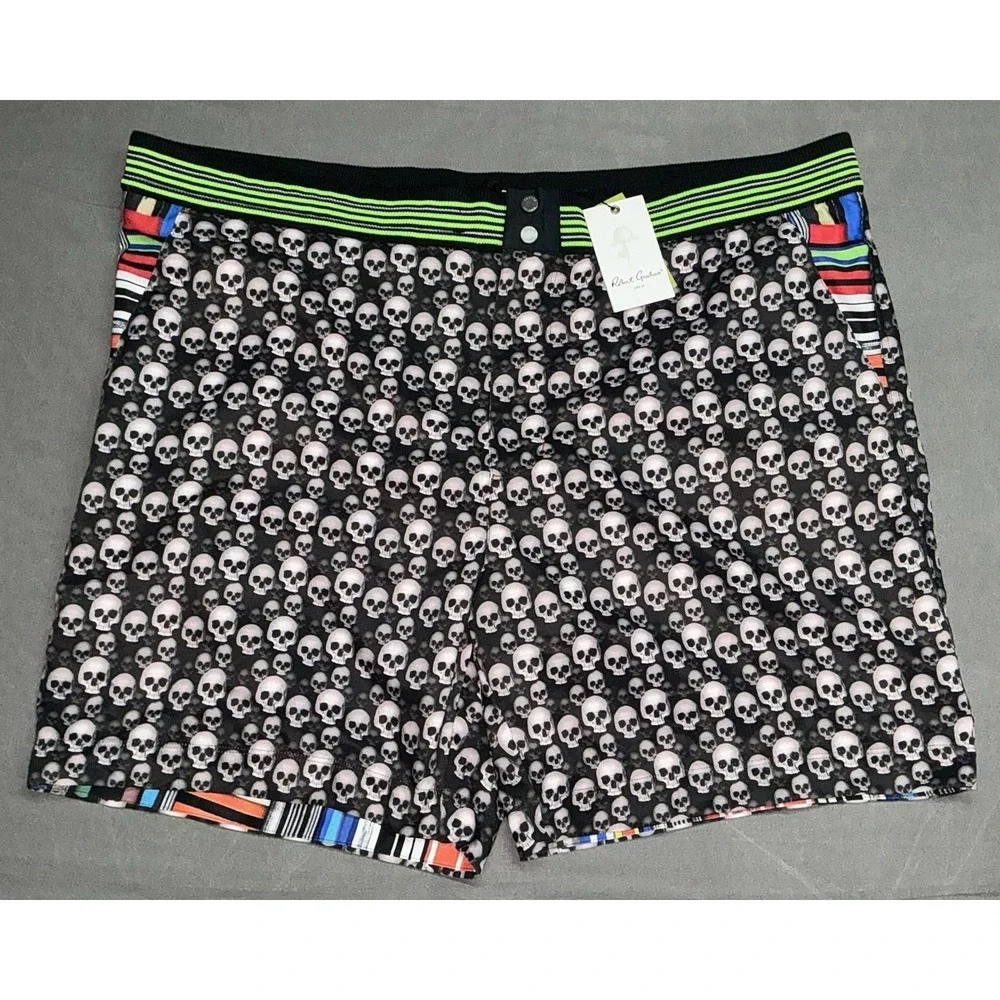 Robert Graham Swim Trunks Mens 44 Black Skull Print Excellent Board Shorts NWT